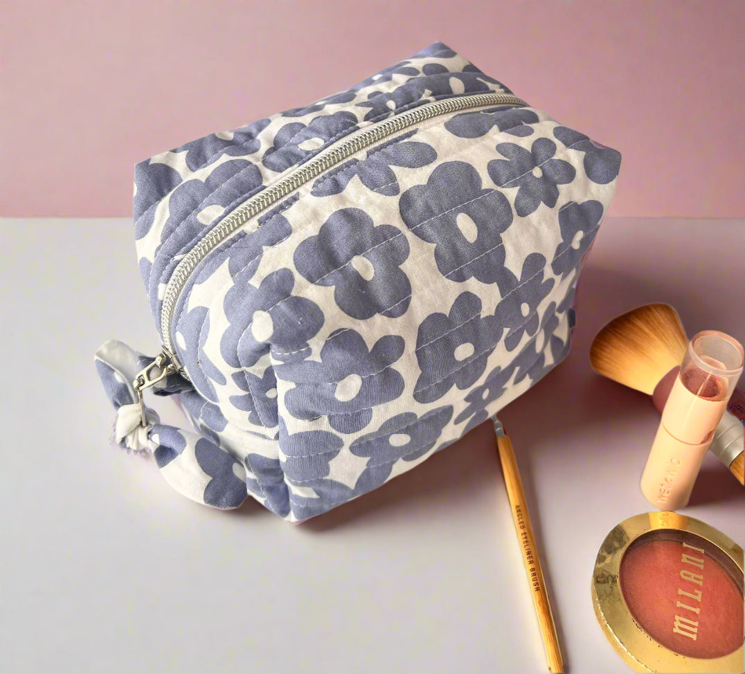 Blue Flowers Makeup Bag, Medium, Handmade
