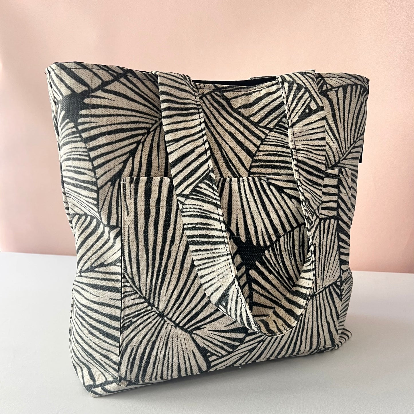 Leaves Shadows Tote bag, Black and Beige Handmade Tote Bag