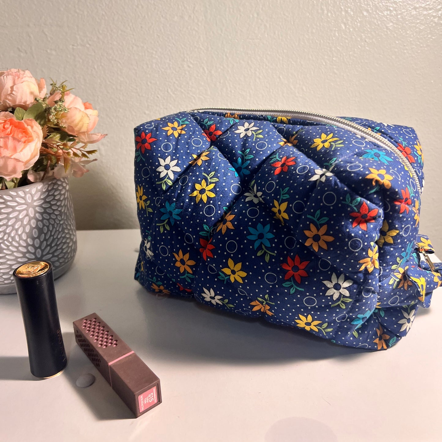 3 Pcs Blue Flower Makeup Bag, Organizer, Quilted, Pouch Cosmetic, Handmade