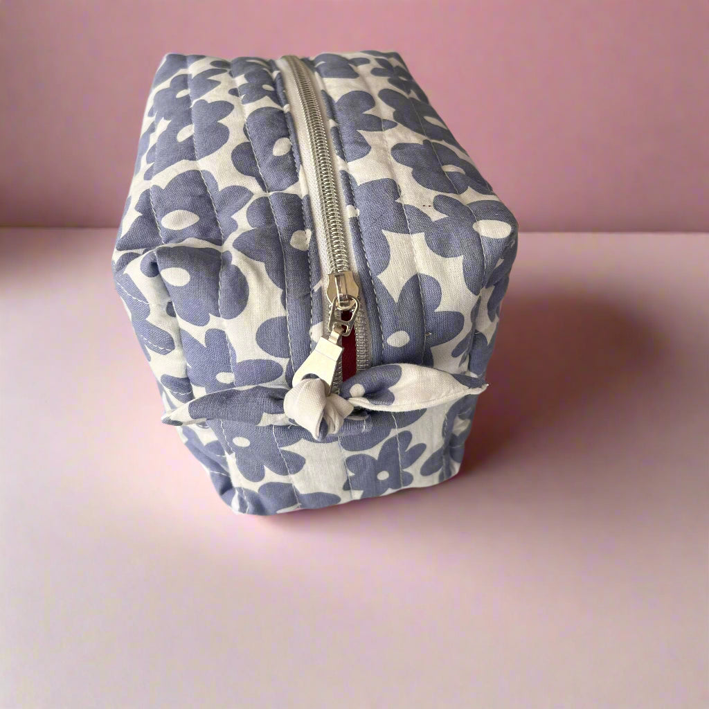 Blue Flowers Makeup Bag, Medium, Handmade
