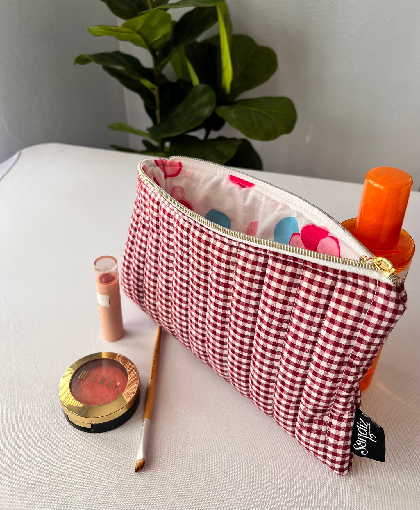 2 PCS Burgundy Sun Travel Makeup Bag Set and Organizer, Quilted, Handmade