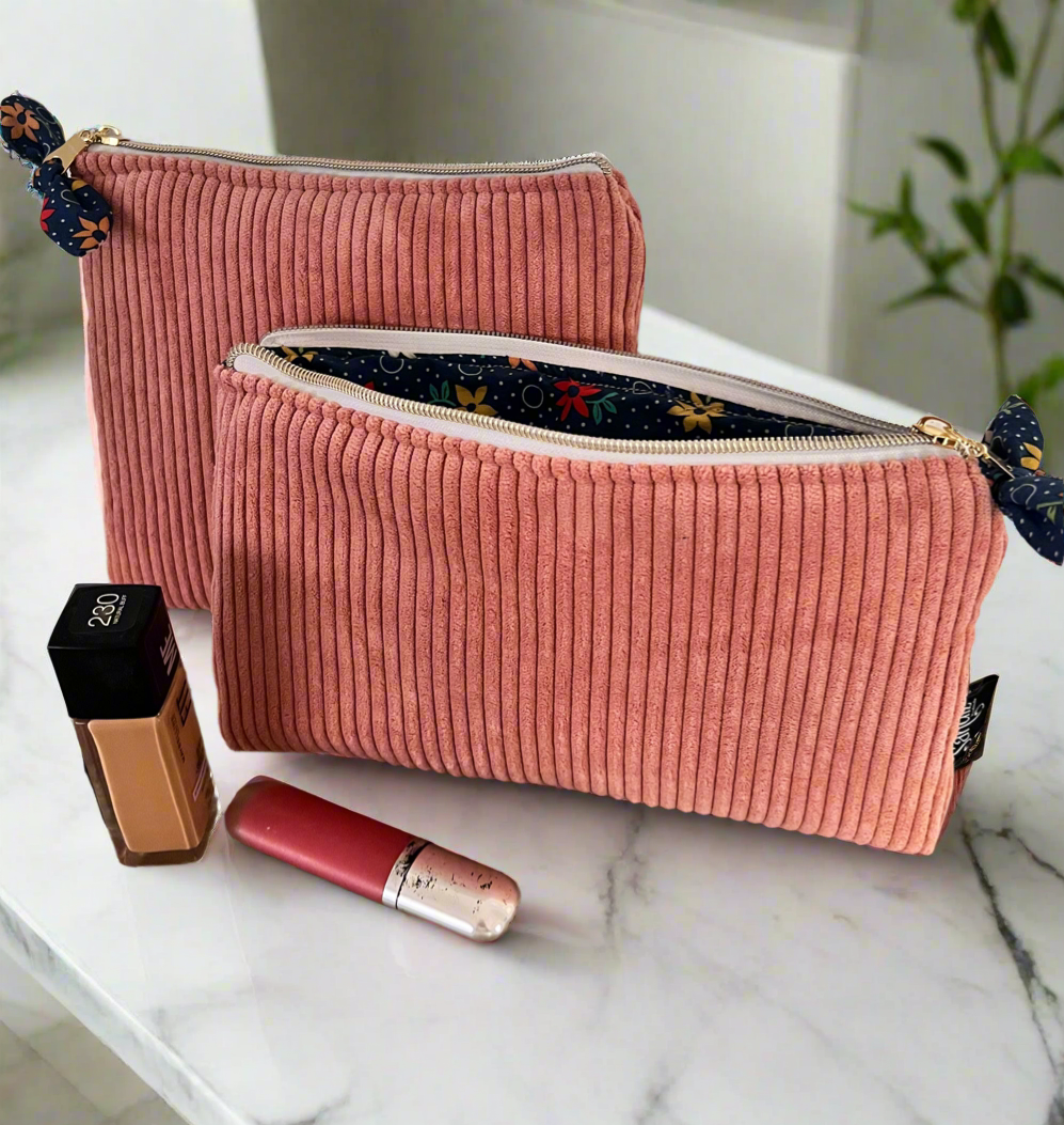 cute makeup bags for travel for women 2 PCS Travel Makeup Bag and Organizer, Pouch Corduroy, Light Pink, Han – Sandiz Handmade