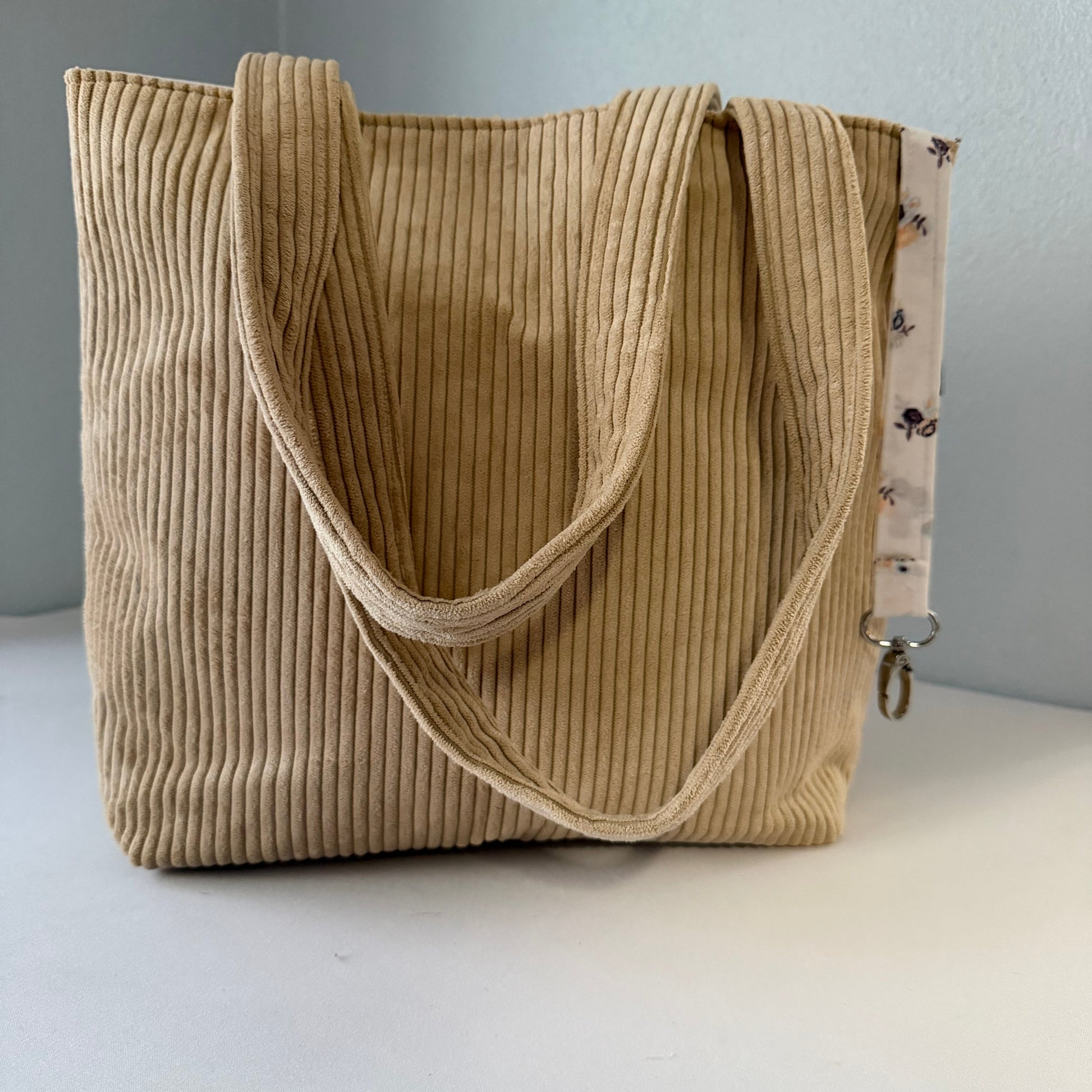 beige corduroy tote bag set with matching makeup pouch