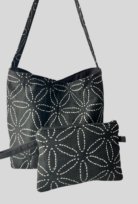 Boho Medium Tote Bag for Women, Black and white, 2-pieces, Handmade Bag