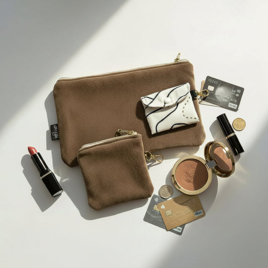3pcs Her Essentials Kit, Brown Velvet, Makeup Storage, Handmade