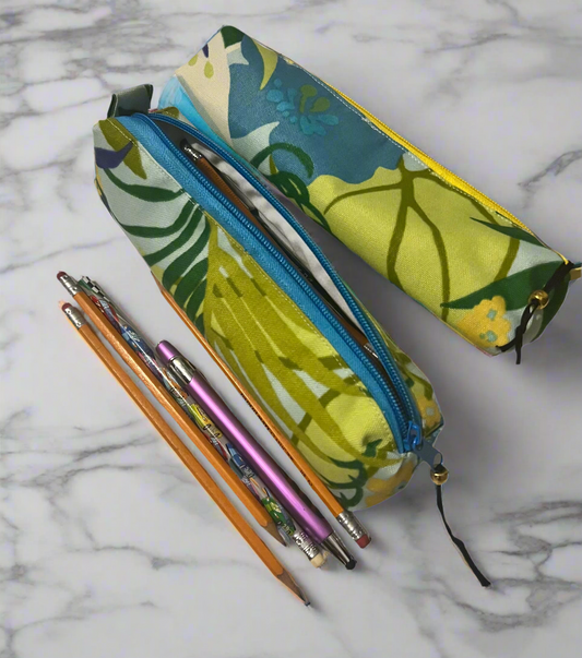 Blue-Green Forest Pencil Case Pouch, Makeup brushes Cases, Handmade