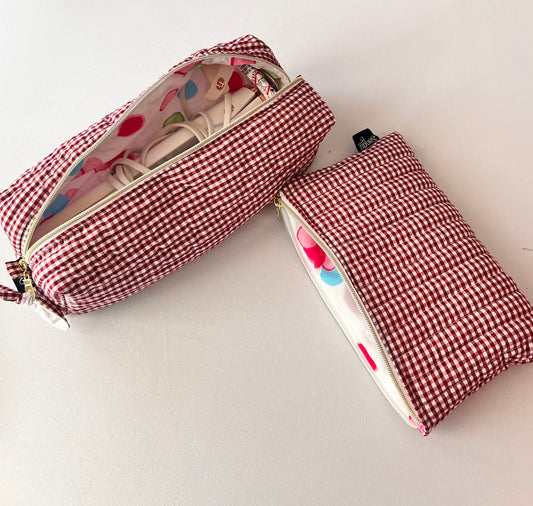2 PCS  Burgundy Sun Travel Makeup Bag Set and Organizer, Quilted, Handmade