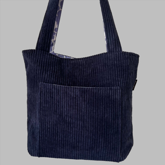 GIGI-BAG Corduroy Tote Bag, Reversible, Blue Small Handmade Bag