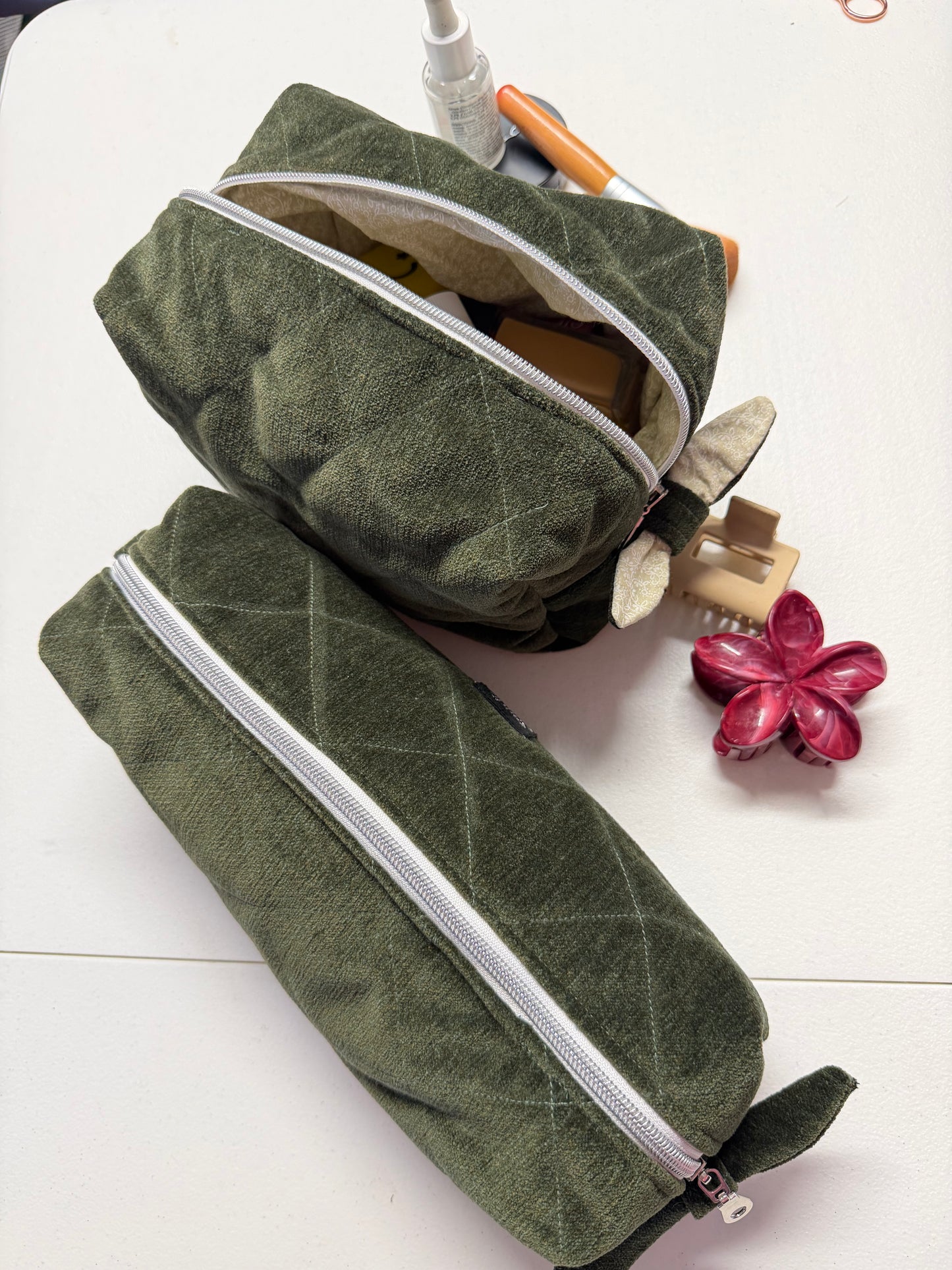 Green Make Up Bag Set, Velvet, Large, Hair Accessory Bag, Green, Sandiz Handmade