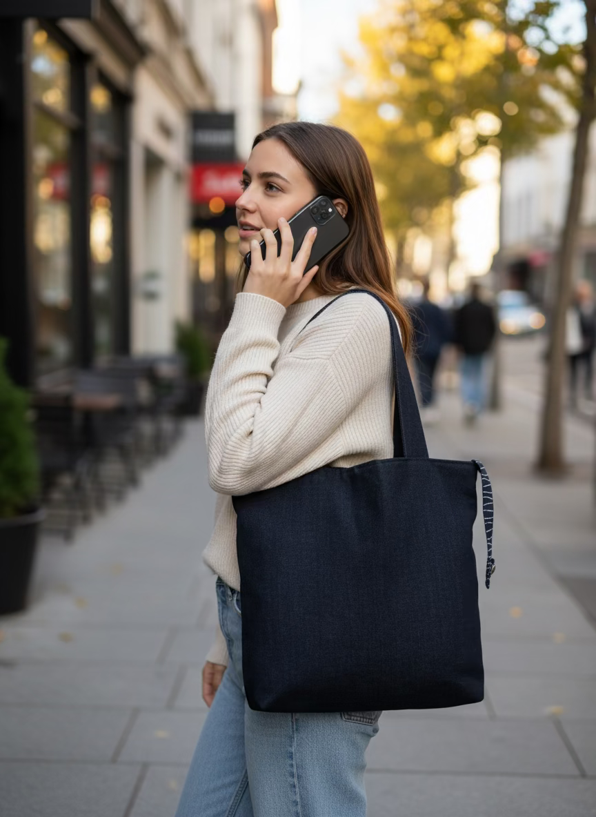 Blue Denim Tote bag Set with Makeup Bag, Handmade Tote Bag
