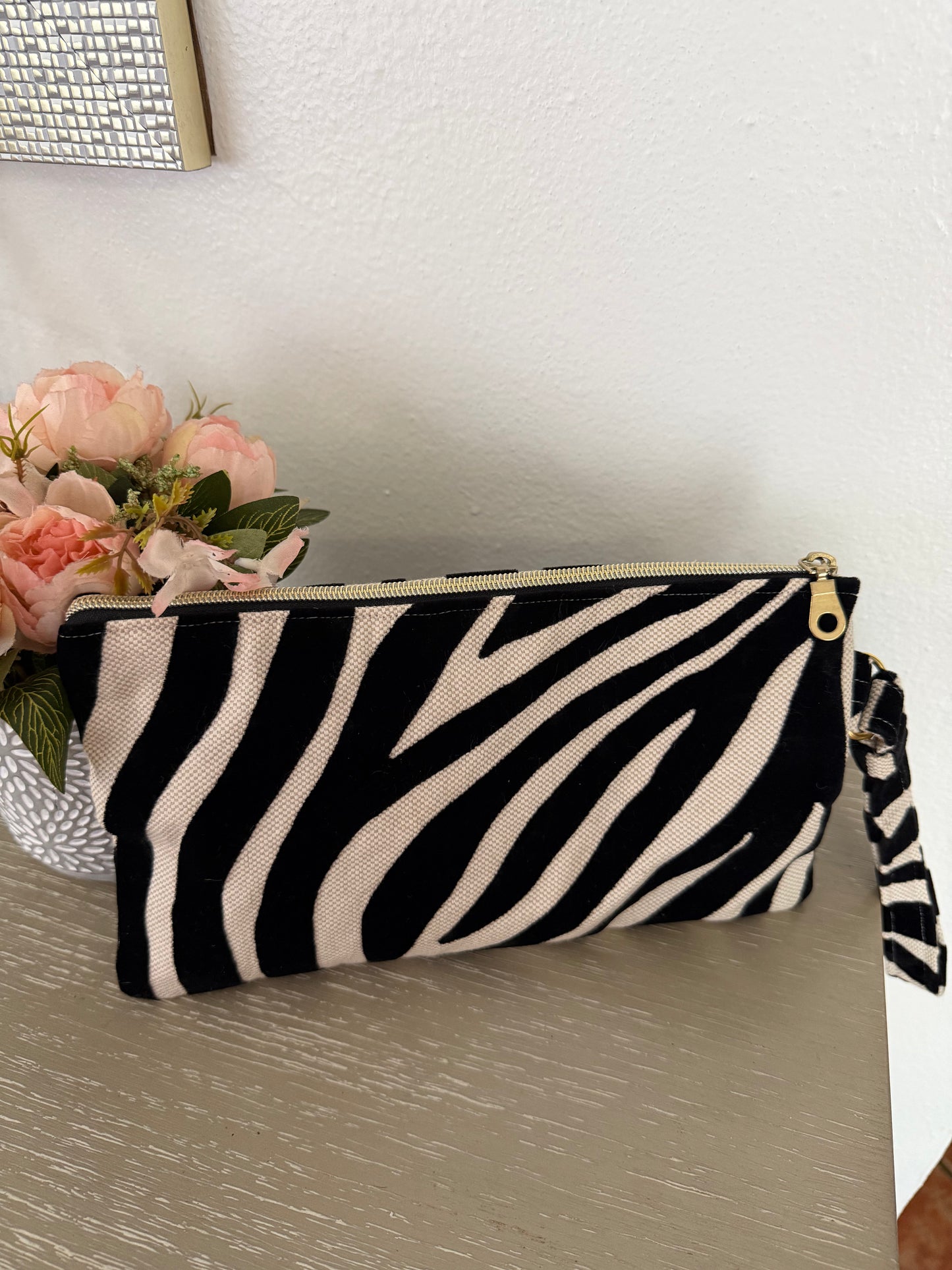 Black Zebra Clutch Bag, Velvet, Handmade
