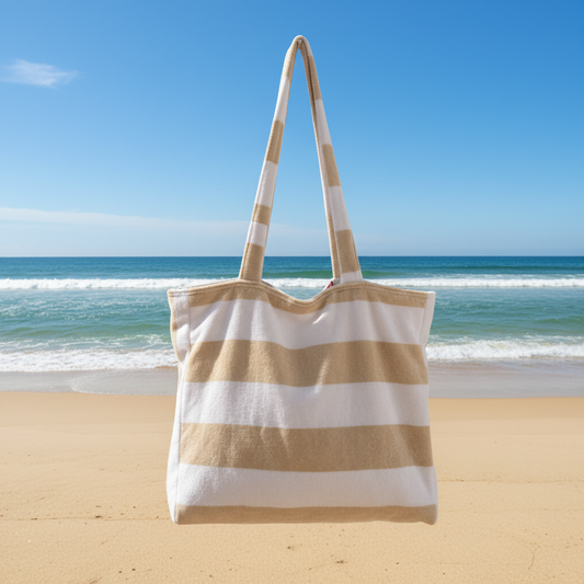 White Sands handmade terry cloth beach tote bag 
white with wide beige stripes 
Sandiz Handmade