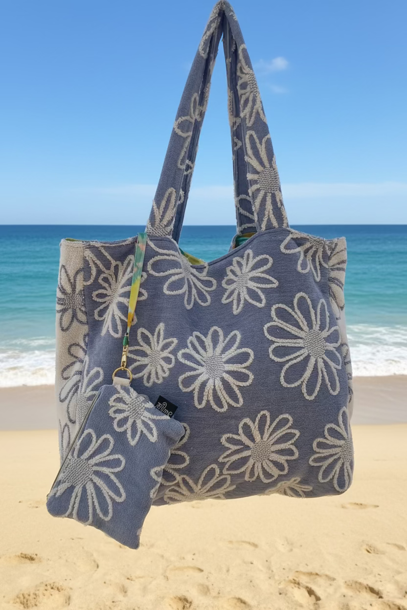Ocean Bloom terry cloth beach tote bag set with matching small pouch, blue and white floral handmade beach bag