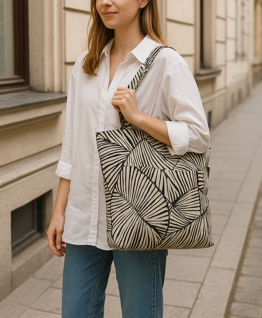 Leaves Shadows Tote bag, Black and Beige Handmade Tote Bag