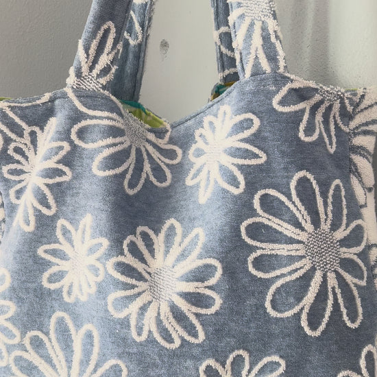 2pcs Ocean Bloom handmade terry cloth beach tote bag in white with blue floral print, waterproof lining beach bag