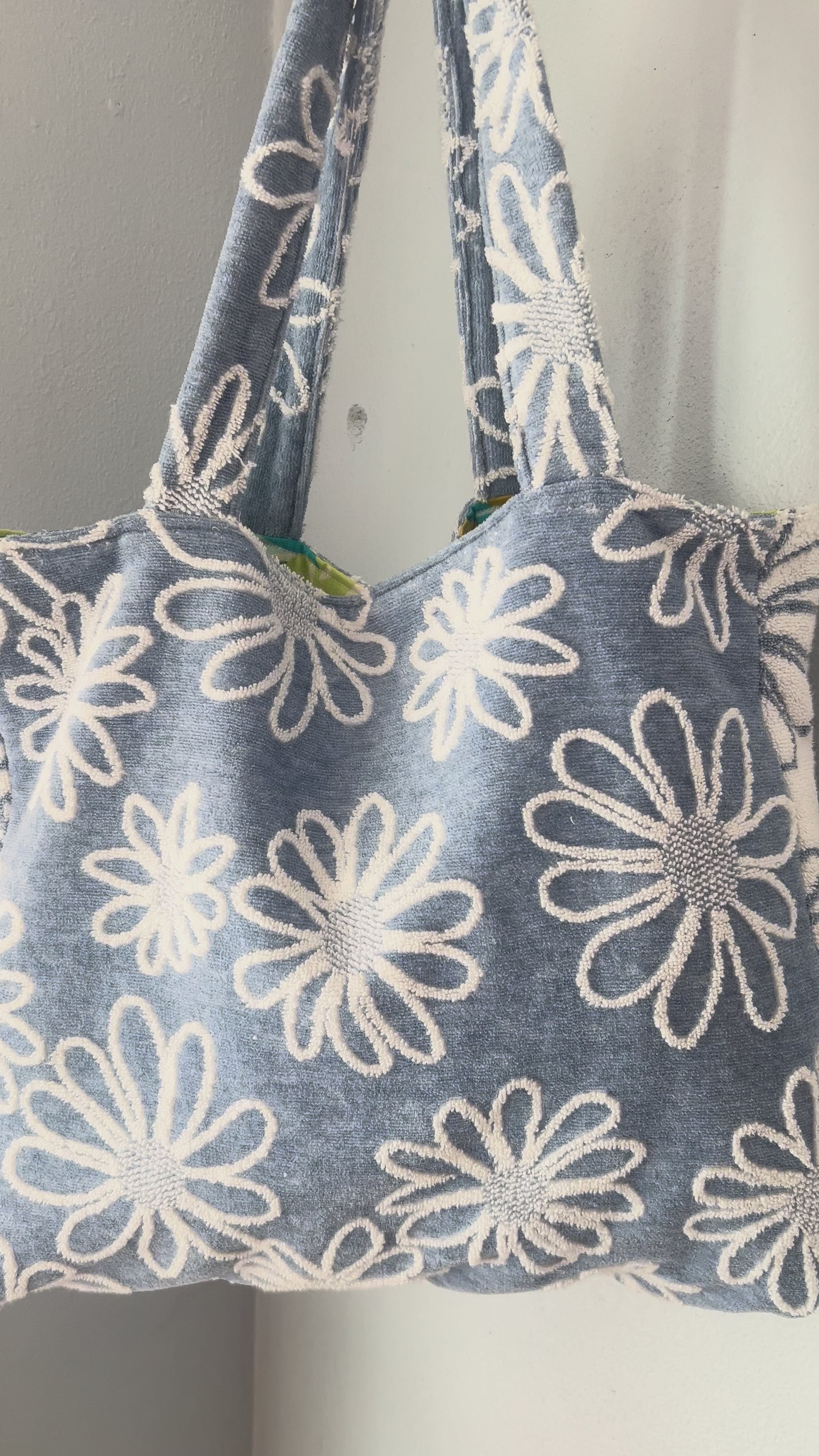 2pcs Ocean Bloom handmade terry cloth beach tote bag in white with blue floral print, waterproof lining beach bag